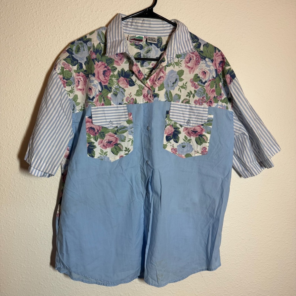 Vintage Center Aisle Shirt Womens 18W/38 Blue Floral Striped Cotton Button Up